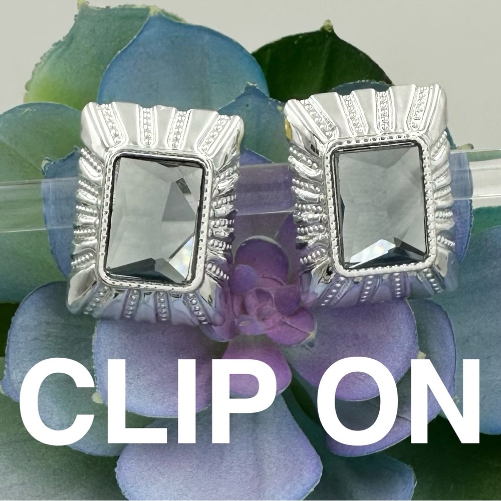 Rectangle Silver Tone Grey Rhinestone Clip On Earrings